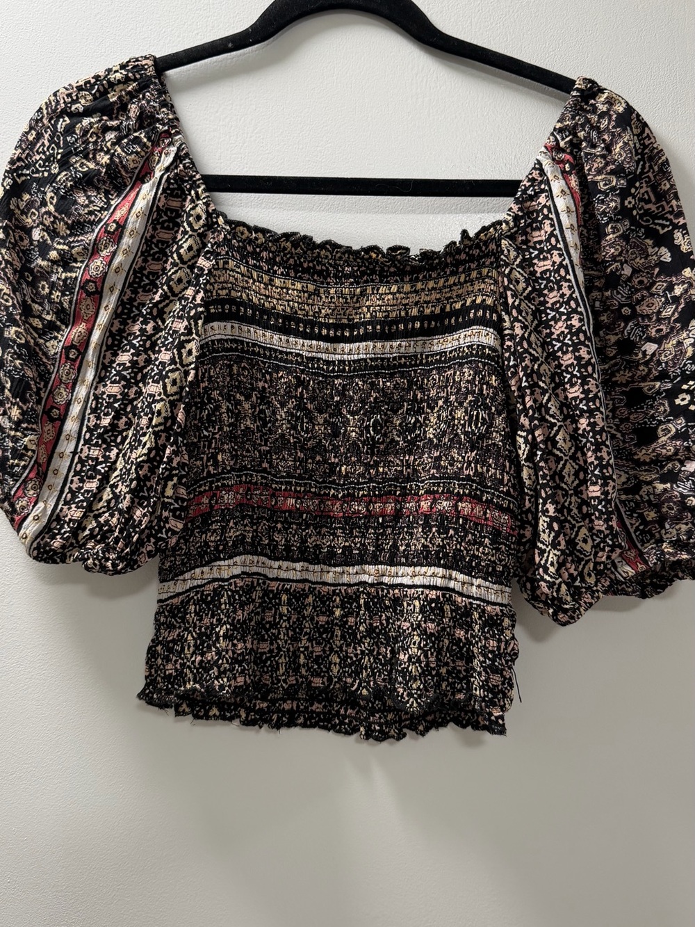 Angie Black Floral Smocked Puff-Sleeve Crop Top with Red & Cream Accents